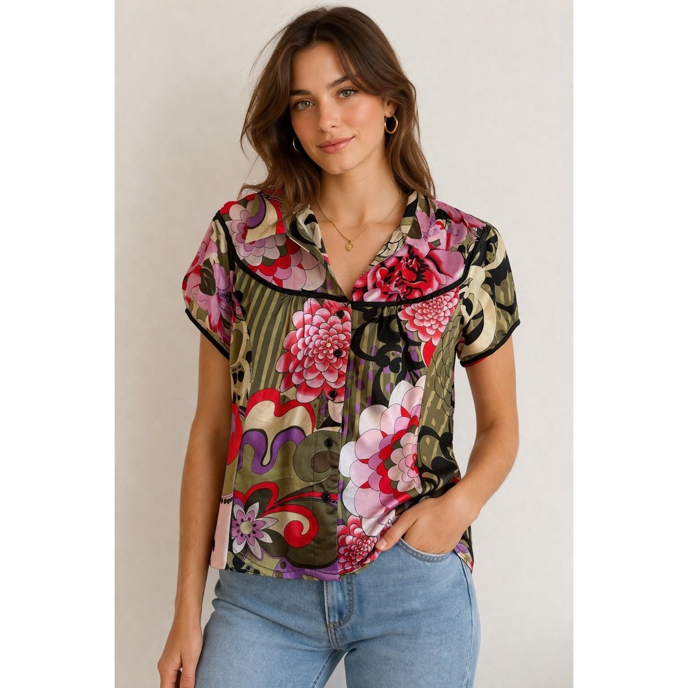 Vintage Y2K‎ Georgiou Studio Floral Satin Button Up Blouse Retro Art Eccentric